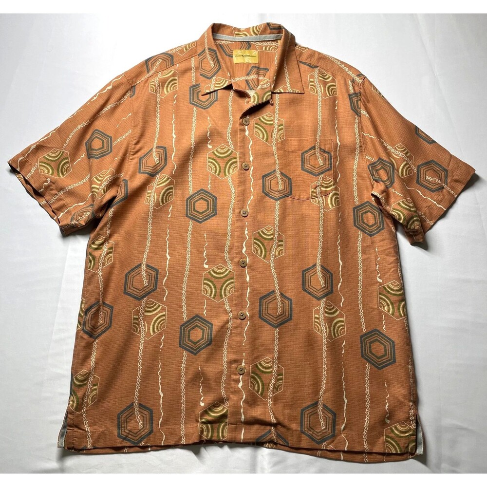 Tommy Bahama Shirt Mens Medium Orange Geometric 100% Silk Camp Short Sleeve